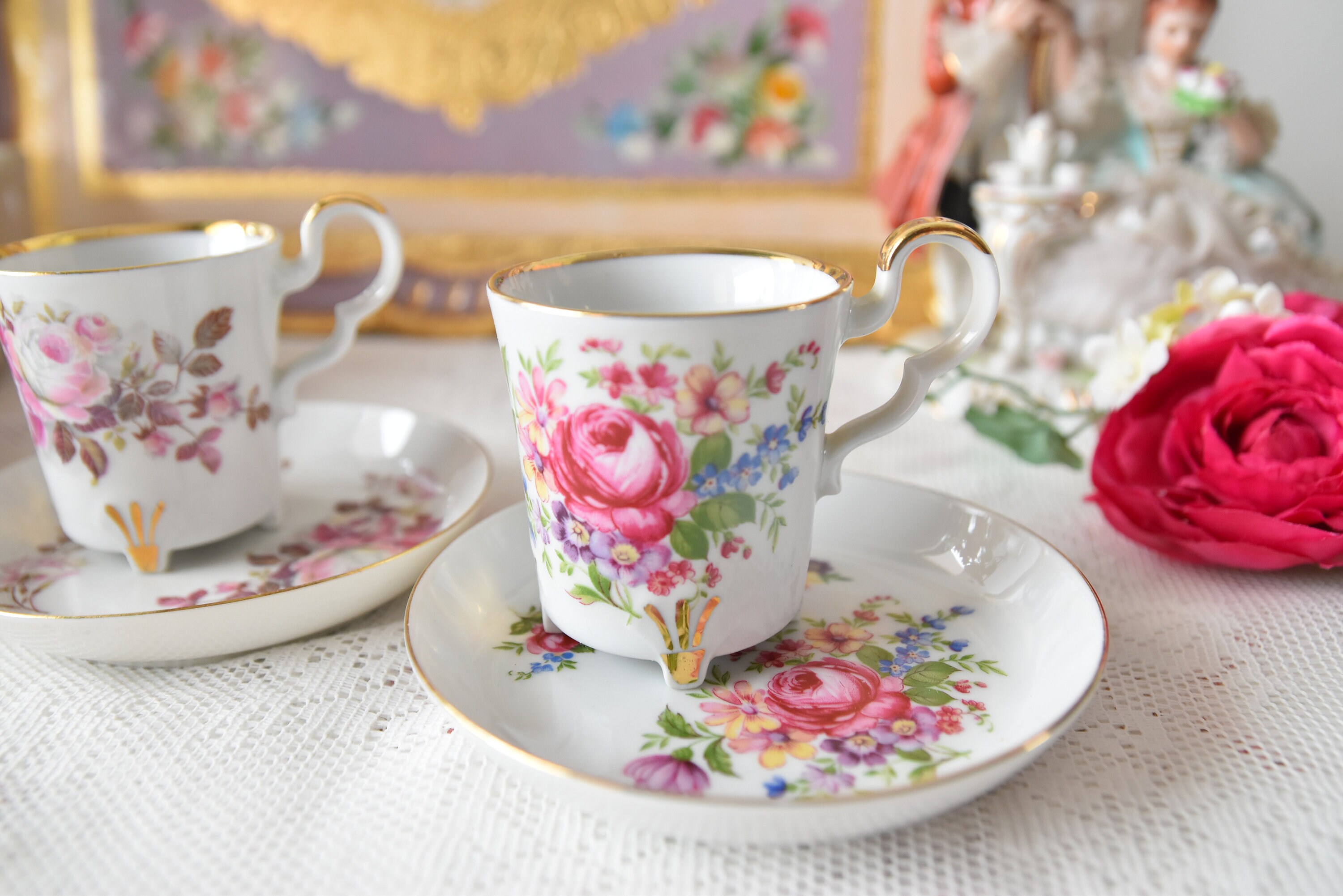 Bavaria Miniature Tea Trio Set, Vintage Floral Porcelain Demitasse Cups ...