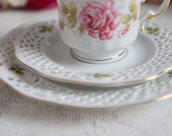 Vintage German Tea Trio With Pink Rose Motif, Reticulated