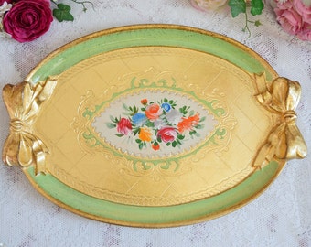 Florentine serving tray with handles and hand painted floral decorations