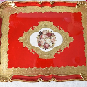 Large size handmade Italian wooden tray rectangular shape with bouquet illustration
