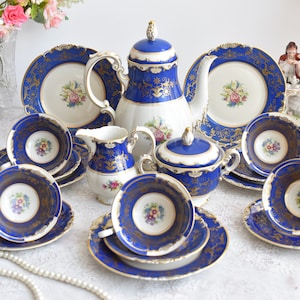 Koniglich Tettau Cobalt Blue Tea Set – Vintage German Porcelain with Gold and Floral Motif