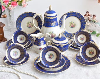 Koniglich Tettau Cobalt Blue Tea Set – Vintage German Porcelain with Gold and Floral Motif