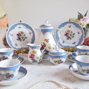Tirschenreuth Bavarian Porcelain Tea Set, Blue Floral Vintage China, German Fine Bone China Service, Antique Floral Teaware