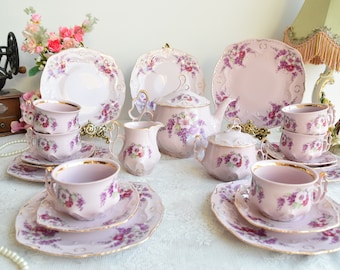 Collectibles china tea service set, Pink china set vintage, Vintage pink china with unique teapot, Tea sets with teapot, Pink porcelain cup