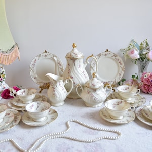 Thomas Ivory Bavaria-theeset – vintage wervelend porselein met roze bloemenslingers en gouden rand