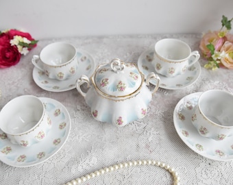Antique MZ Austria Tea Set, Blue Ombre Porcelain With Rose
