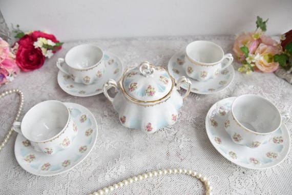 Antique MZ Austria Tea Set, Blue Ombre Porcelain With Rose