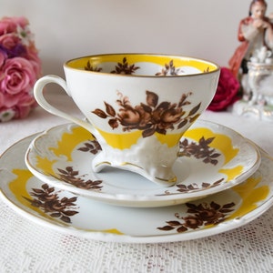 PMP Bavaria Tea Trio, Vintage German Porcelain with Yellow Panel and Brown Floral Motif