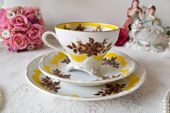 PMP Bavaria Tea Trio, Vintage German Porcelain With Yellow Panel