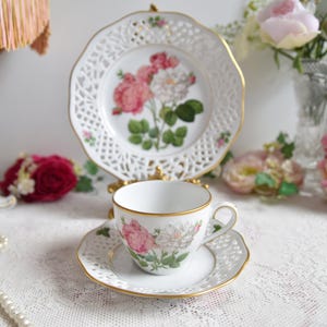 Schumann Arzberg Reticulated Porcelain Trio, Large Pink and White Rose Teacup Set, Vintage German China