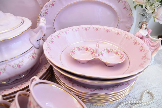 LL の伝統的なピンク色の磁器製ディナーセット (ブイヨン スープ