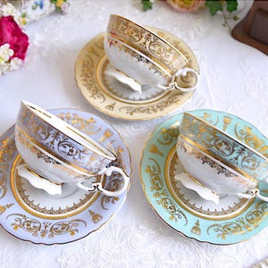 Leander Empire Style Teacup Duo, Gold Gilded Porcelain, Mint Blue Cream Options Available
