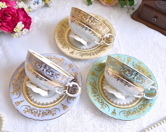 Leander Empire Style Teacup Duo, Gold Gilded Porcelain, Mint Blue Cream Options Available