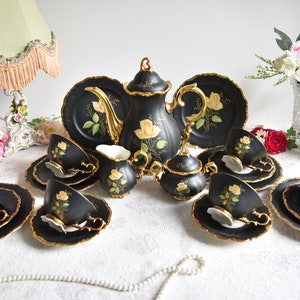 Vintage Tea Set with Floral decorations, Porcelain Tea Set with Tea Pot, Flowers Tea Cup Set, Vintage Tea Service Set for 6