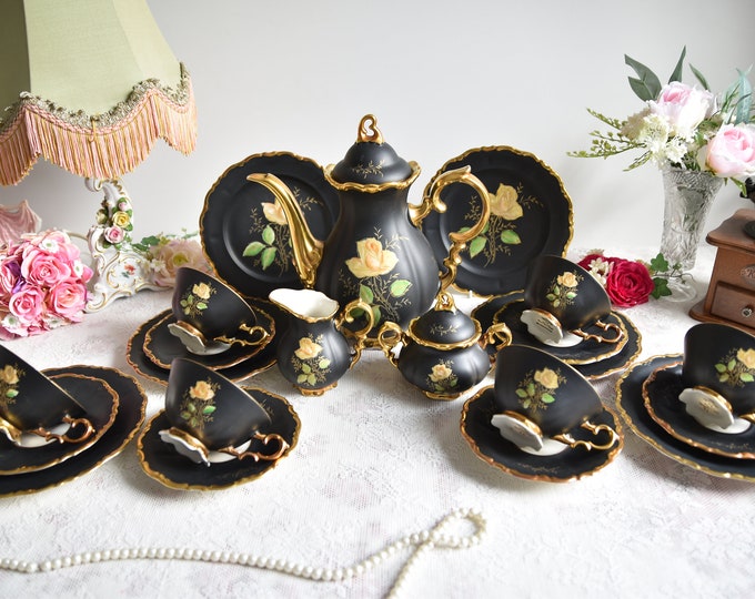 Vintage Tea Set with Floral decorations, Porcelain Tea Set with Tea Pot, Flowers Tea Cup Set, Vintage Tea Service Set for 6