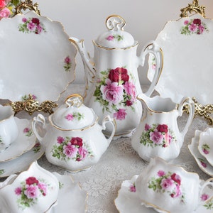 Vintage Karolus Porcelain Tea Set with Red and Pink Roses and Gold Trim – Made in Czeh