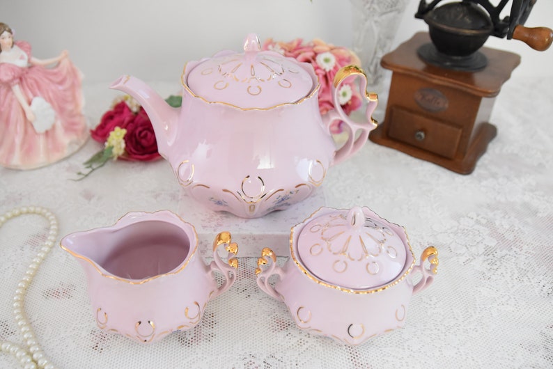 Vintage Tea Pot Milk Jug Sugar Bowl Set Porcelain Pink Etsy