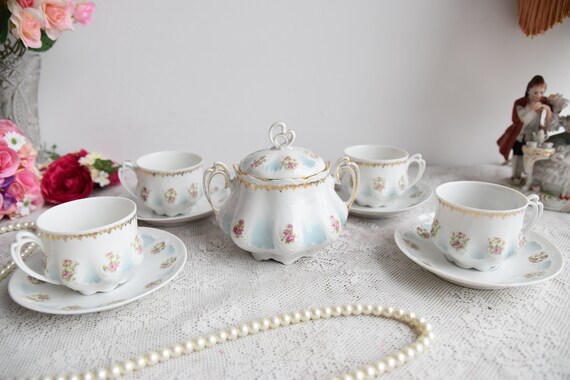 Antique MZ Austria Tea Set, Blue Ombre Porcelain With Rose