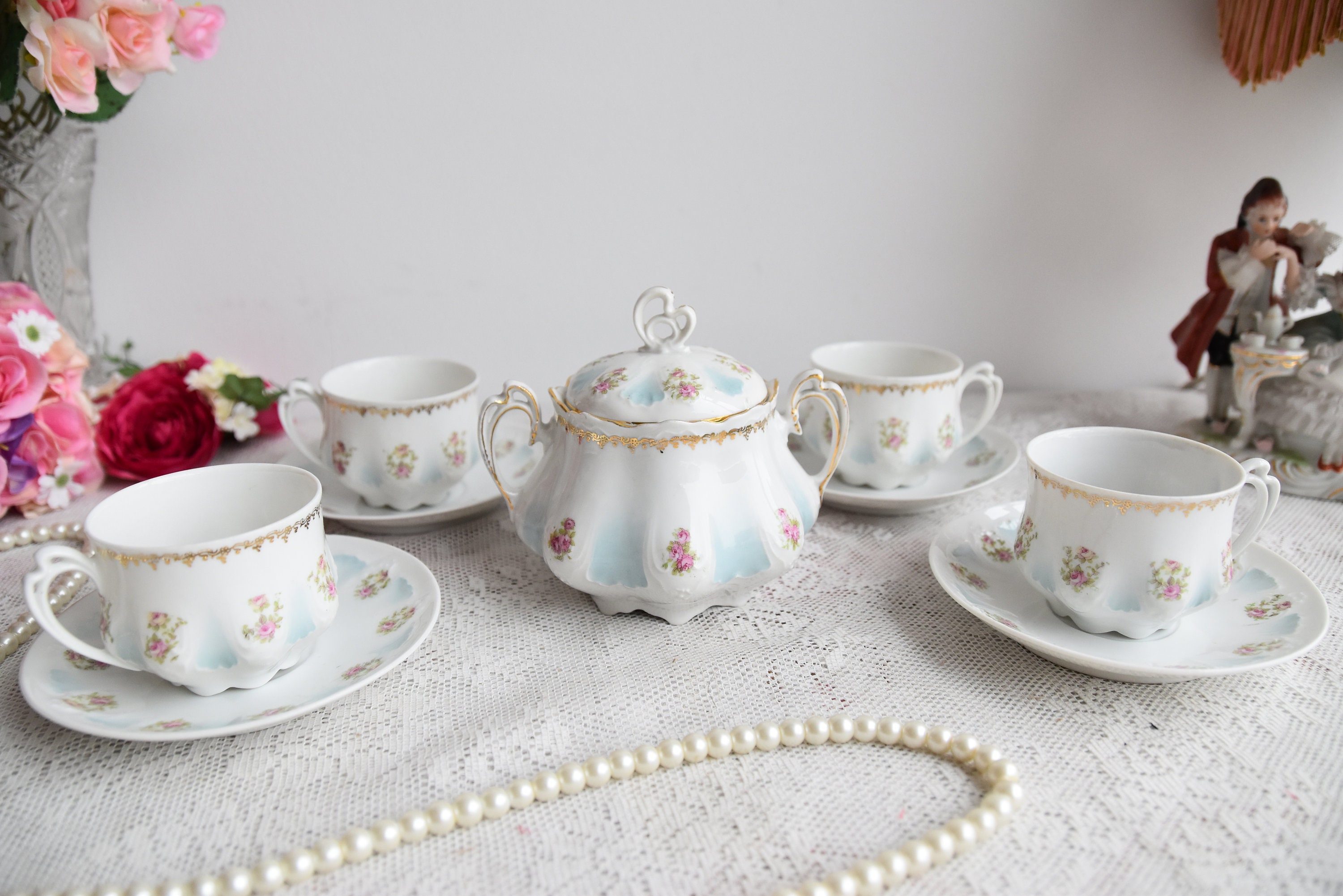 Antique MZ Austria Tea Set, Blue Ombre Porcelain With Rose