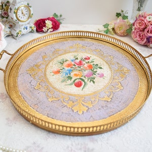 Handmade Italian wooden serving tray with handles and edge detail, Large serving tray with flowers, Shabby handpainted decorative tray