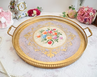 Handmade Italian wooden serving tray with handles and edge detail, Large serving tray with flowers, Shabby handpainted decorative tray