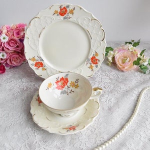 Bavaria Tea Trio, Vintage Embossed Porcelain with Orange Floral Design and Gold Trim