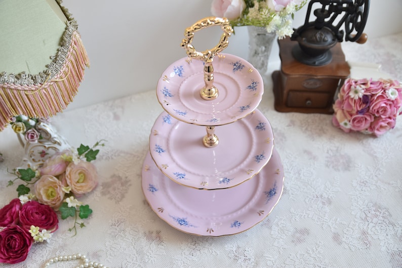 Pink porcelain cake stander with floral decorations by LL image 5