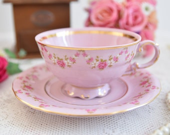 Vintage teacup and saucer pink porcelain by VV