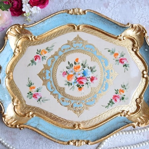 Handmade Italian wooden tray original handpainted blue smaller size