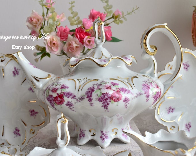 Vintage Tea Set with Purple flowers, Porcelain Tea Set with Tea Pot, Floral Tea Cup Set, Antique Tea Service Set for 6 24K Gold Tea Set