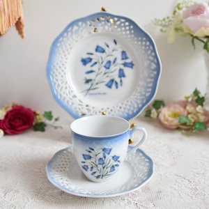Schumann Arzberg Tea Trio, Bluebell Flowers and Reticulated Porcelain, Made in Germany