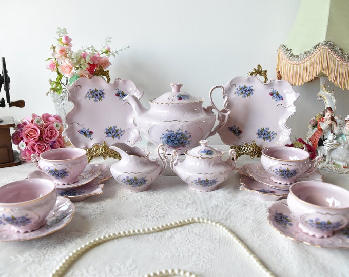 Vintage Tea Set with Roses, Porcelain Tea Set with Tea Pot, Floral Tea Cup Set, Vintage Tea Service Set for 6 24K Gold Tea Set, Rose Tea Set