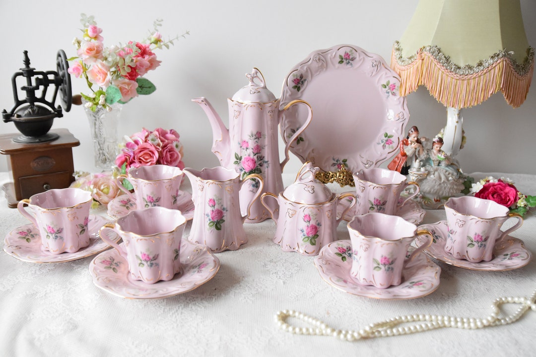 Service à Thé En Céramique Rose Et Or - 6 Personnes - Style Vintage Et Élégant