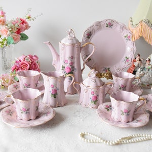 Tea set floral porcelain Slav porcelain pink tea cup set HCH tea cups rose porcelain vintage tea set
