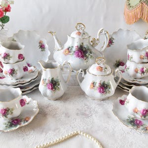 Vintage Tea Set with Roses, Porcelain Tea Set with Tea Pot, Floral Tea Cup Set, Antique Tea Service Set for 6 24K Gold Tea Set, Rose Tea Set