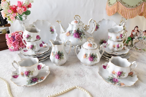 Vintage Tea Set With Roses, Porcelain Tea Set With Tea Pot, Floral