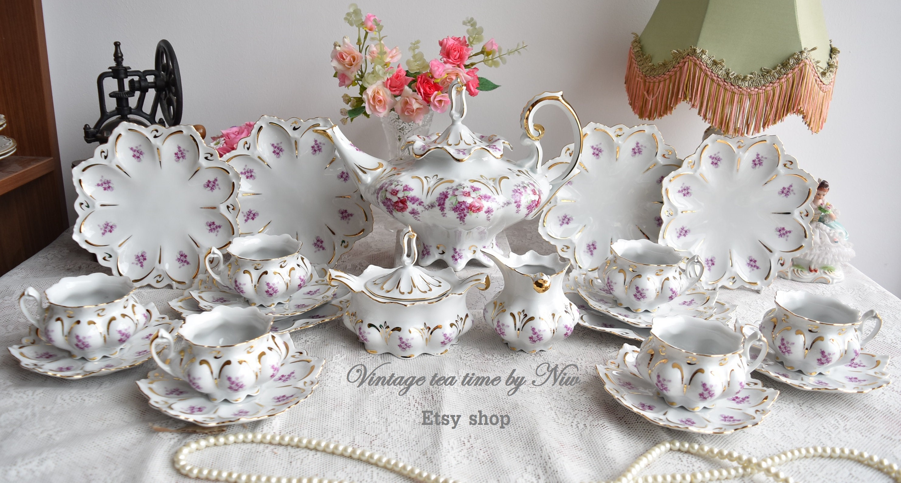 Vintage Tea Set With Roses, Porcelain Tea Set With Tea Pot, Floral