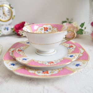 Bavaria Tea Trio, Vintage German Porcelain in Pink and Gold with Rococo Motif