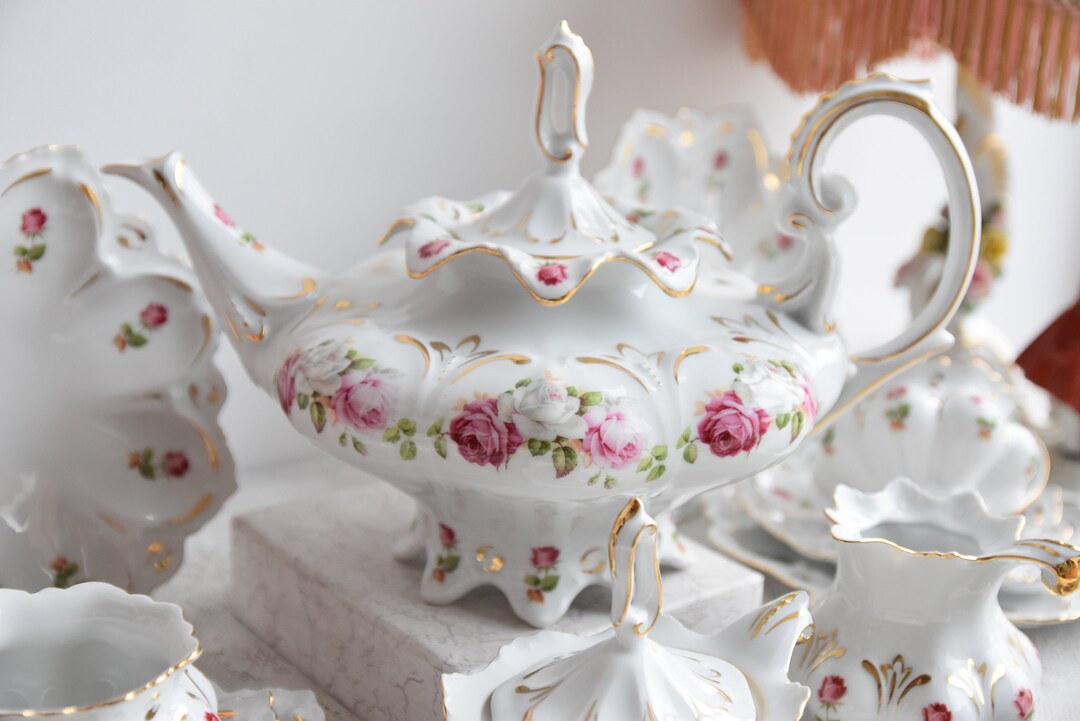 Vintage Tea Set With Roses, Porcelain Tea Set With Tea Pot, Floral Tea