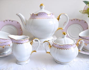 ヴィンテージ磁器製ティーセット、ピンクの花柄、24金メッキ