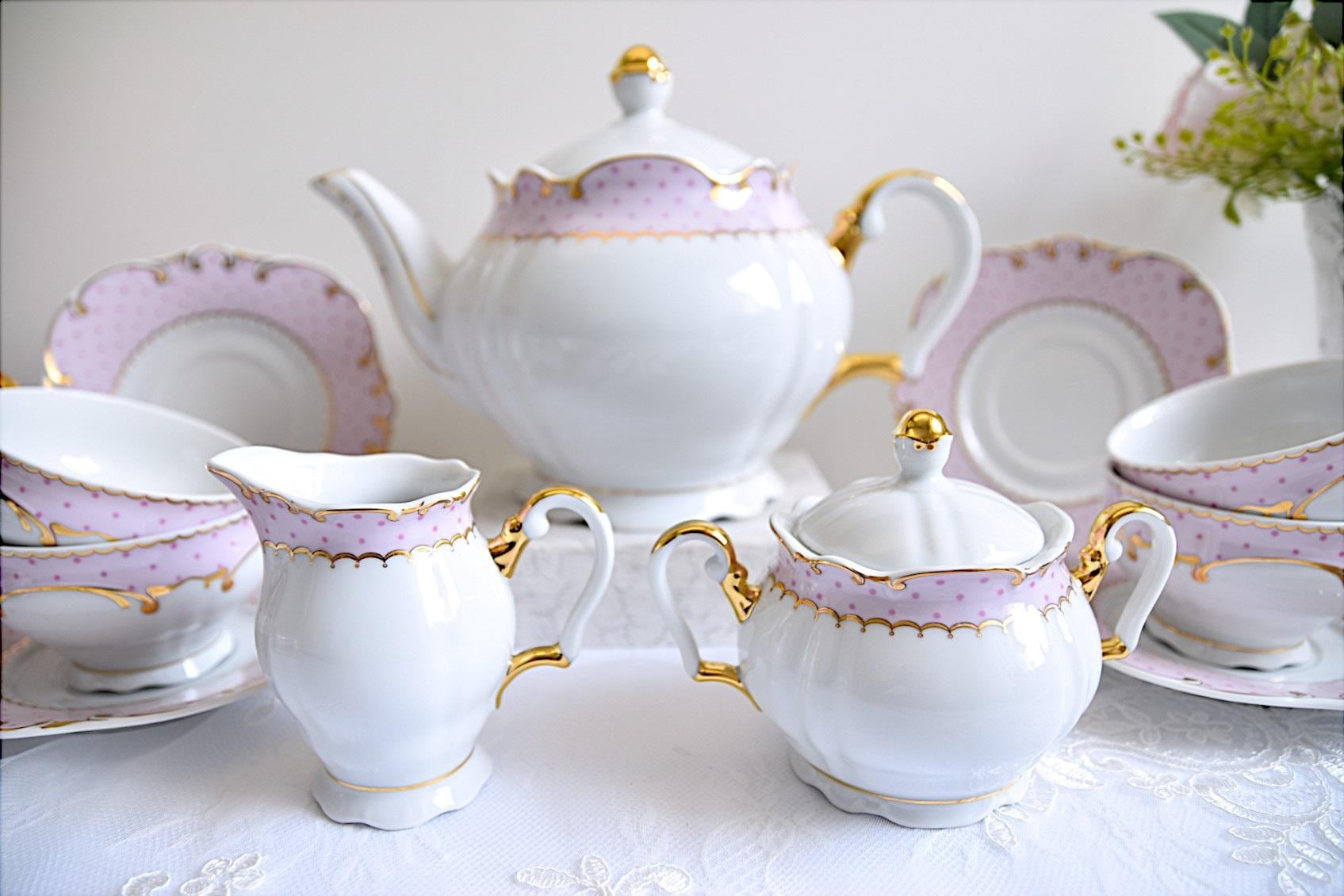 Servizio Da Tè In Ceramica Rosa E Oro | Teiera E Tazze Per 6 Persone | Stile Vintage - Foto 5