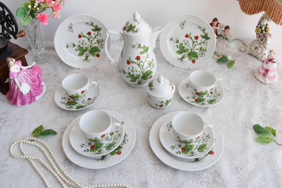 Schumann Arzberg Porcelain Tea Set With Wild Strawberry Motif