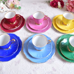 Bareuther Germany Colorful Tea Trios, Vintage Porcelain Set of Six with Gold Trim