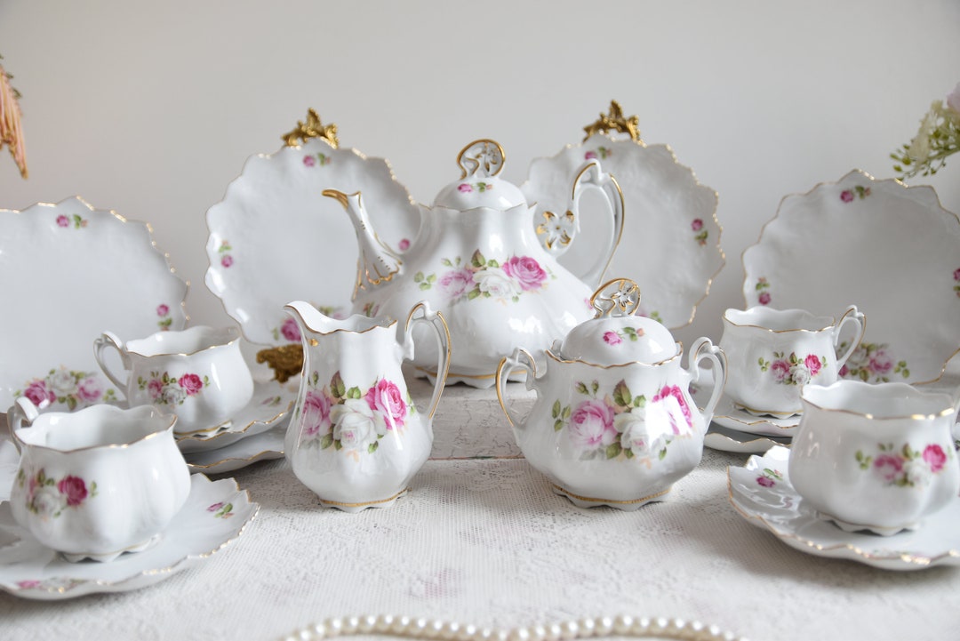 Vintage Tea Set With Roses, Porcelain Tea Set With Tea Pot, Floral Tea