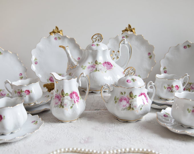 Set da tè vintage con rose, set da tè in porcellana con teiera, set di tazze da tè floreali, set da tè antico per 6 set da tè in oro 24K, set da tè alle rose