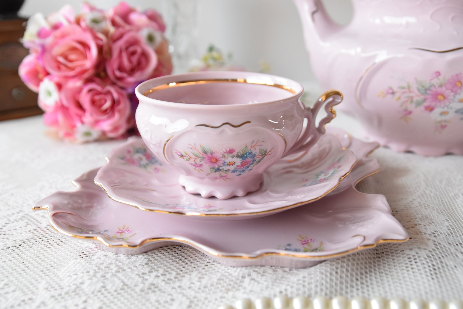 Vintage Pink China Tea Set Pink Porcelain Tea Set With Tea Etsy
