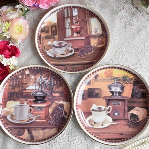 Vintage illustrated porcelain dessert plate set with coffee grinder Karolina
