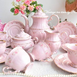 Vintage Tea Set with flowers and gold decoration, Porcelain Tea Set with Tea Pot, Antique Tea Service Set for 6 24K Gold Tea Set