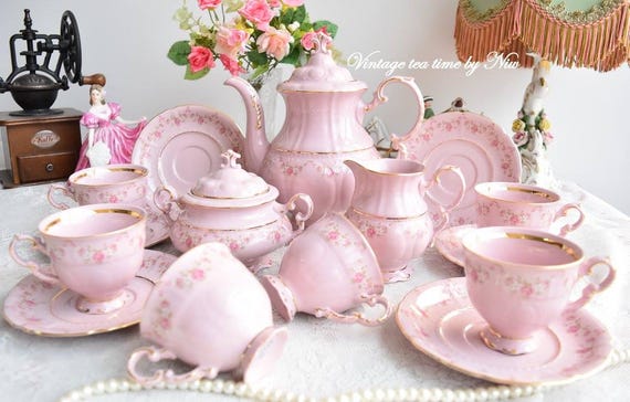 Vintage Tea Set with flowers and gold decoration, Porcelain Tea Set with Tea Pot, Antique Tea Service Set for 6 24K Gold Tea Set