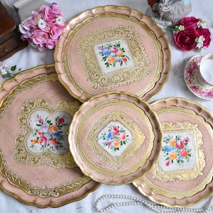 Hand Painted Tray Gold Pink, Italian Vintage Tray Gold, Oval Tray with Handles, Ornate Tray Tea, Decorative Tray Table, Vintage Tray Decor